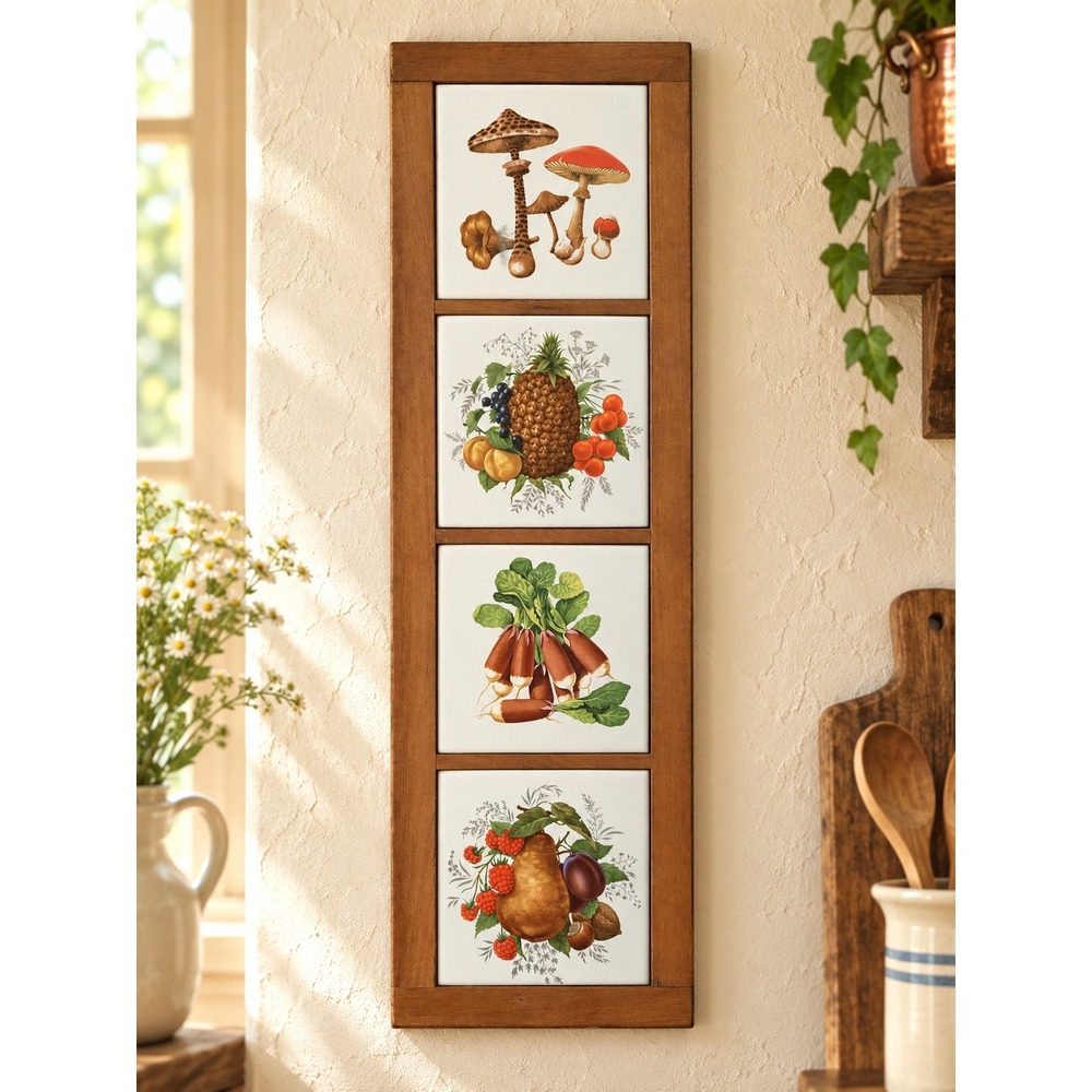 Vintage Dal-Tile Botanical Kitchen Wall Art Mushrooms Fruit Radishes Wood Frame